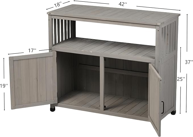Outdoor Storage Cabinet, Patio Cabinet, Solid Wood Outdoor Console Table, Grey Slatted Buffet Cabinet Sideboard for Patio, Deck, Backyard, 220 Lb Capacity