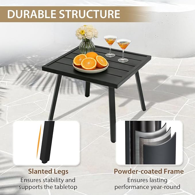 Patio Side Table, Square Outdoor End Table with Wood Grain Tabletop for Patio, Balcony and Garden, Black