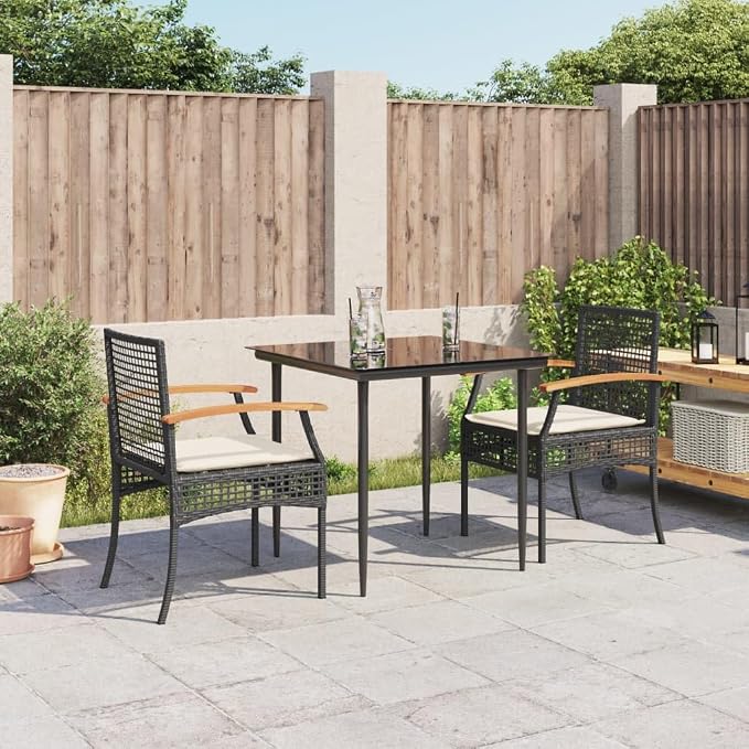3 Piece Poly Rattan Patio Dining Set with Cushions Black Tempered Glass Table for Outdoor Backyard Garden Relaxation, UV Proof 242.5 lb Capacity Per Seat