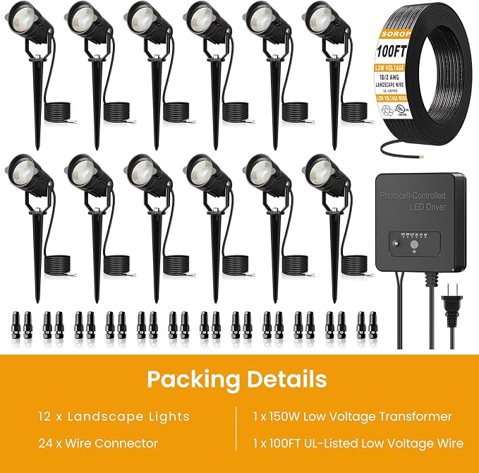 Low Voltage Landscape Lighting Kit, 3000K Spotlights Outdoor 12Pack | All-in-One Landscape Light with 150W Transformer Dusk to Dawn, 100FT Wire, IP66 Waterproof Outdoor Light for Yard Path 12-24V