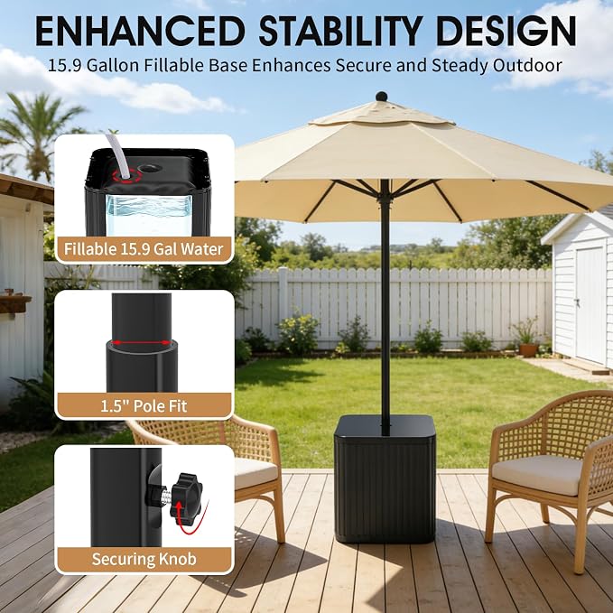 BoYata Umbrella Side Table, 2-in-1 Outdoor Side Table with Umbrella Hole, 15.9 Gallon Fillable Umbrella Stand Base, Heavy Duty & Sturdy, Fit Up to 1.5" Pole, Square Patio Side Table for Poolside, Deck