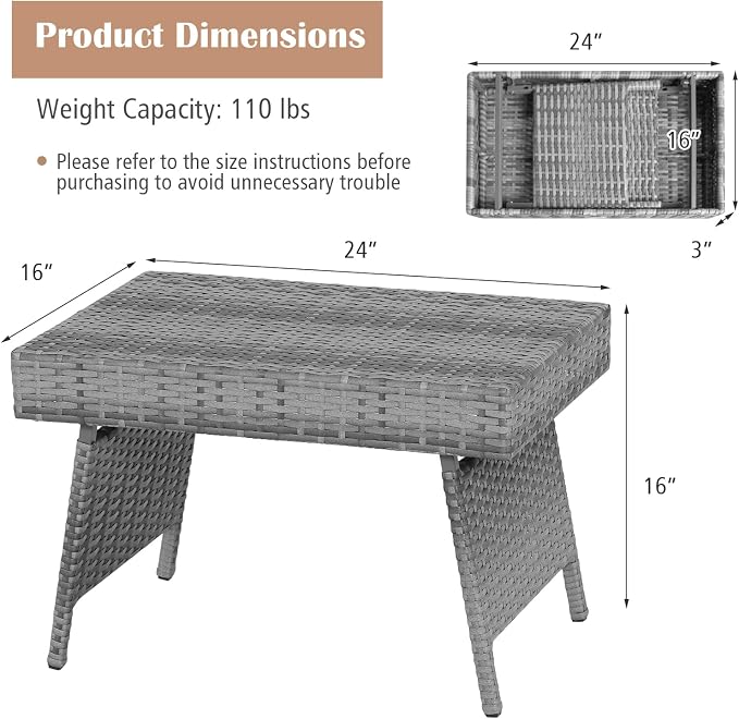 DREAMADE Rattan Side Table, Folding Small Patio Wicker Desk Outdoor Deck Furniture w/PE Rattan, Robust Metal Structure, Outdoor Coffee Table for Patio, Deck, Yard, Poolside, Garden, Balcony (Gray)