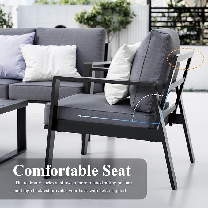 Aluminum Outdoor Patio Furniture Set, 4 Piece Sectional Coversation Sets with Coffee Table, Modern Outdoor Sofa Couch with Thick Cushions for Porch, Balcony, Garden (Dark Gray Cushions)