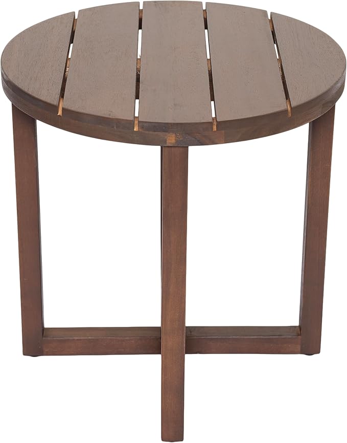 Merax Acacia Outdoor Wood Round Accent Side Table, Cross Base Design with Slat Detailing, Weather-Resistant, Dark Oak