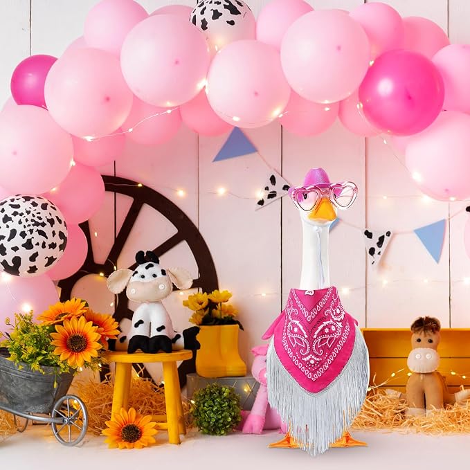 Disco Cowgirl Porch Goose Outfit 23" Cement Goose Statue Fringe Bandana Sunglasses for Summer Lawn Desk Patio Yard(Rose Red)