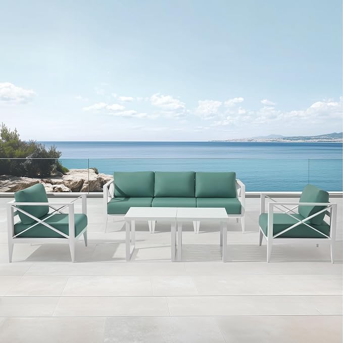 Outdoor Aluminum Patio Furniture Set, 5-Seats Patio Conversation Sofa Set with 2 Coffee Tables, All Weather for Pool, Balcony, Garden-White
