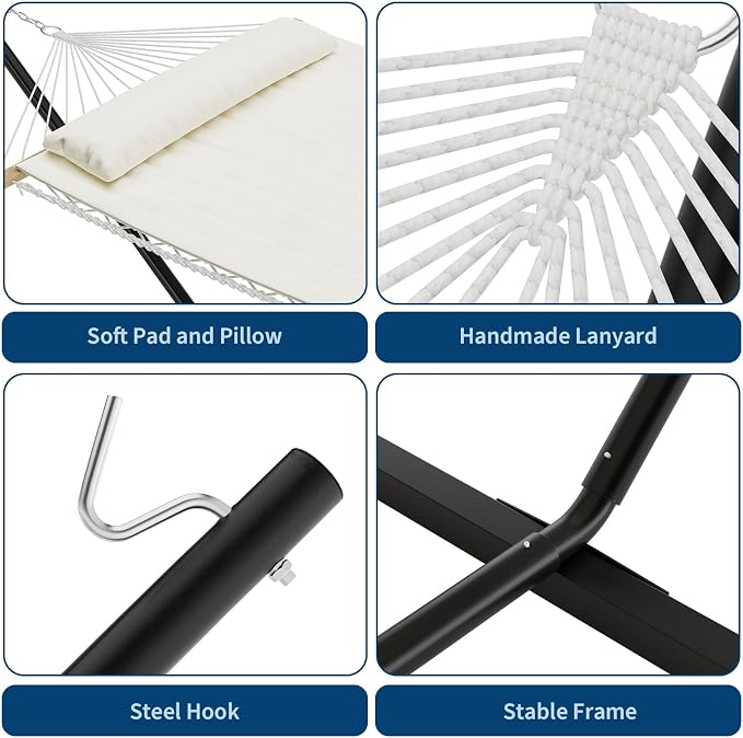 2-Person Hammock with Stand, Heavy Duty 450lbs Capacity, Portable Foldable Steel Frame Hammock Set for Outdoor, Backyard, Camping – Includes Comfortable Pillow & Carry Bag (Beige)