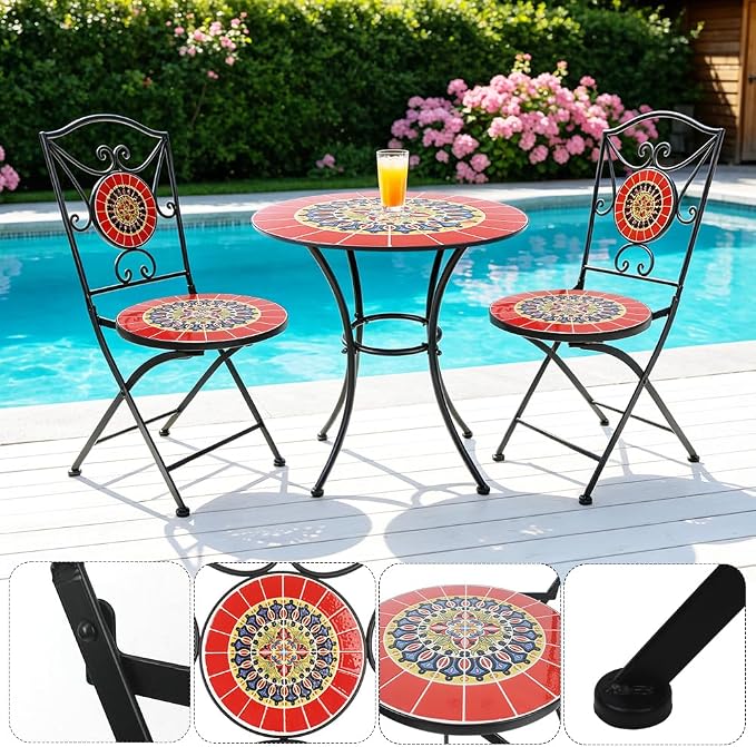 3 Piece Bistro Sets Mosaic Tile Round Table Folding Chairs Garden | Set of 3 Patio Furniture 23.6" Table and 2 Chairs Outdoor Bistro Chairs Artistic Table for Balcony Porch Apartment Backyard