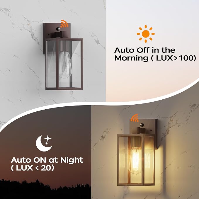 Dusk to Dawn Exterior Lighting Fixtures, Outdoor Porch Light Wall Sconce | 10.65 inch, Anti-Rust Metal Frame, Tempered Glass, E26 Base, Waterproof, Sensor Wall Lantern for Patio, Garage, Entryway