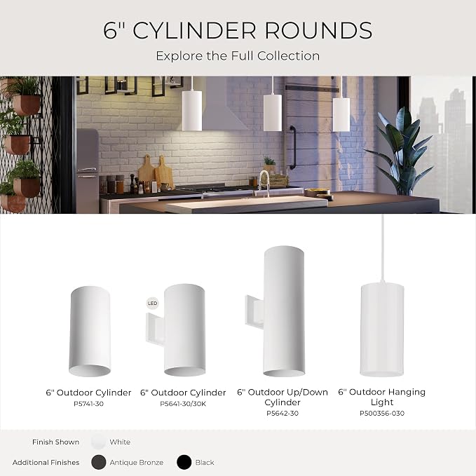 Progress Lighting 1-Light Modern Outdoor Hanging Pendant Light, 6-Inch, Cylinder Collection, Indoor & Outdoor, White (P500356-030)