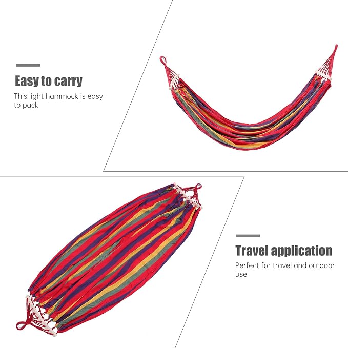 Holibanna Outdoor Canvas Hammock Swing with Curved Rod, Striped Portable Single Camping Hammock 190x150cm with Hanging Rope and Storage Bag for Travel and Garden Use