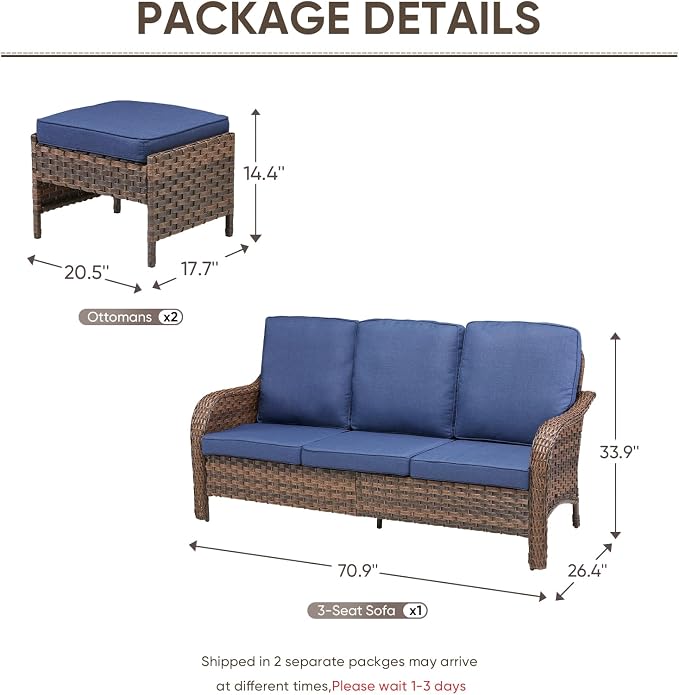 Patio Furniture Set - 3 Pieces All Weather Wicker Outdoor Couch Sofa and 2 Ottomans, Ergonomic Design for Porch, Deck, Balcony, Garden, and Backyard(Blue)