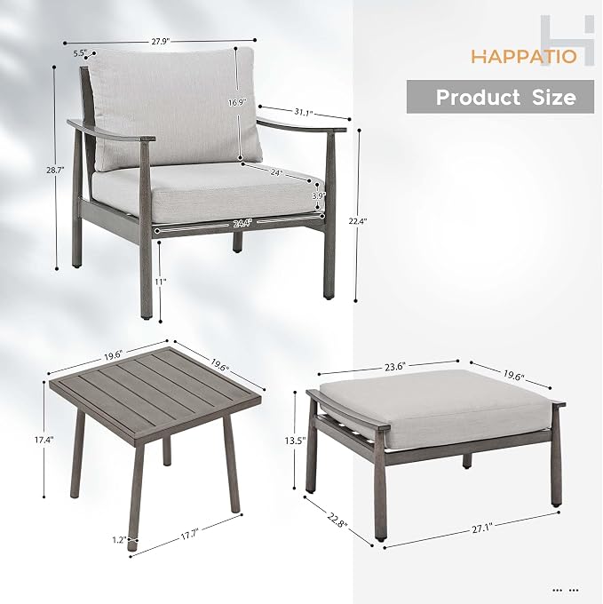 HAPPATIO Aluminum Outdoor Furniture Set - 5 Pieces Patio Furniture Set Includes 1 Side Table, 2 Armchairs and 2 Ottomans with Thick Cushion, Patio Conversation Set for Backyard Deck Poolside (Grey)