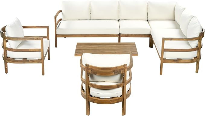 Christopher Knight Home Outdoor Acacia Wood 7 Seater Sectional Sofa Set with Thick Cushions Patio Conversation Set Modular Outdoor Seating with Coffee Table and Club Chairs for Patio Garden Deck