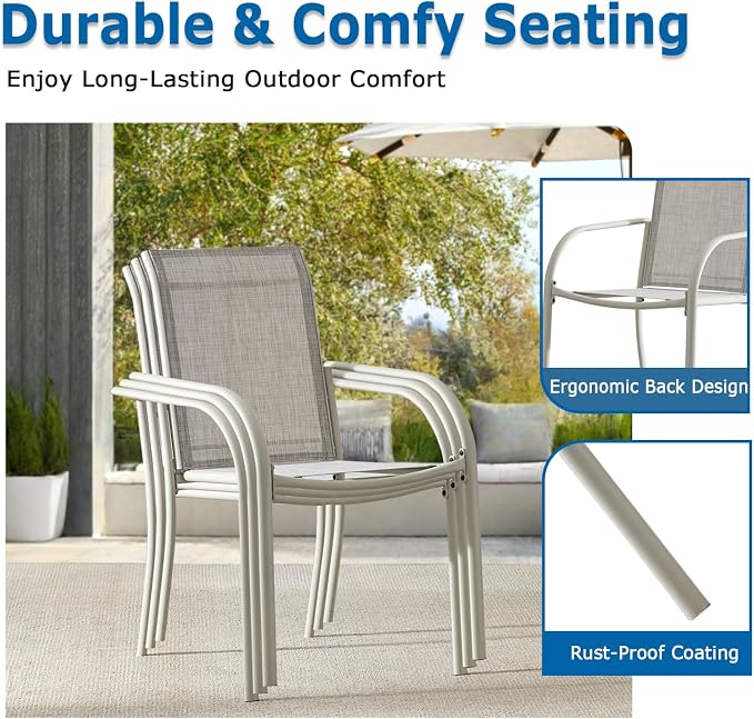 5 Piece Patio Dining Set for 4, 42” Honey Oak Round Table with Umbrella Hole and 4 Grey Patio Stackable Chairs, Patio Table and Chairs for Backyard, Lawn, Deck & Garden