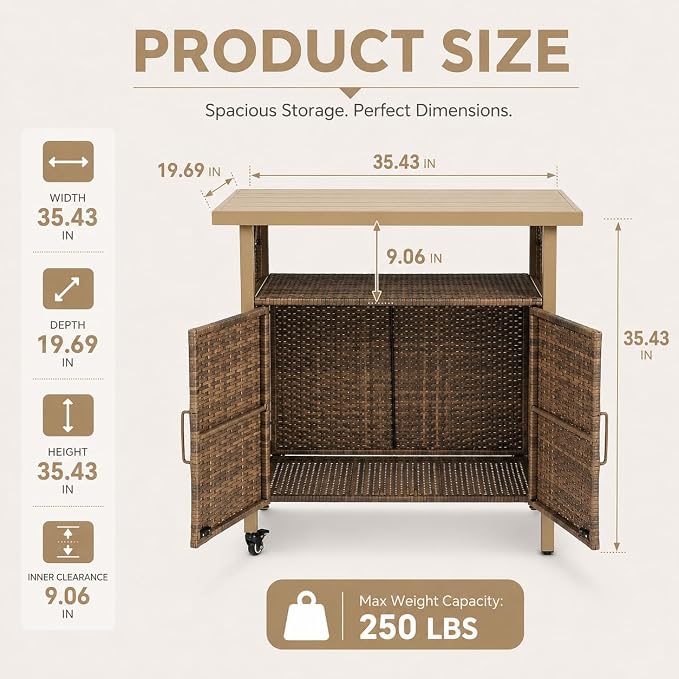 Outdoor Bar Table with Storage Cabinet, Patio Serving Cart with Wheels, Wicker Bar Cart and Grill Cart Prep Station, Rolling Kitchen Island for Patio, Backyard, Poolside, Outdoor Use, Beige
