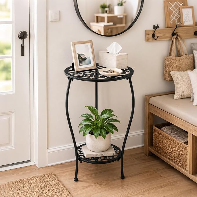 2-Pack 13" 2-tiered Metal Round Side Tables Small Black Outside End Table for Patio Round Accent Garden Corner Stand for Small Spaces Weather-resistant Outdoor Coffee Table for Balcony, Black