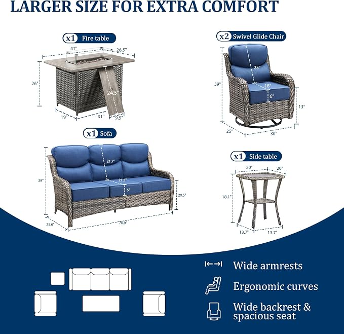 Luxury Swivel Rocker Chairs Fire Pit Table Set with 6" Thick Cushion 5 piece Wicker Outdoor Patio Chair with Sofa,Comfortable High Back Outdoor Patio Furniture Set - Gery | Blue