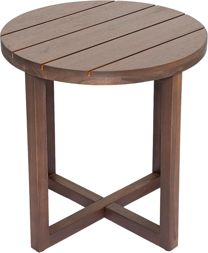 Merax Acacia Outdoor Wood Round Accent Side Table, Cross Base Design with Slat Detailing, Weather-Resistant, Dark Oak