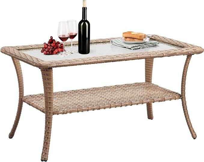 Belord Outdoor Coffee Table for Patio - 40 Inch Rattan Patio Coffee Table with 2-Layer Storage, Rectangular Tempered Glass Outdoor Wicker Table for Porch Balcony Yellow