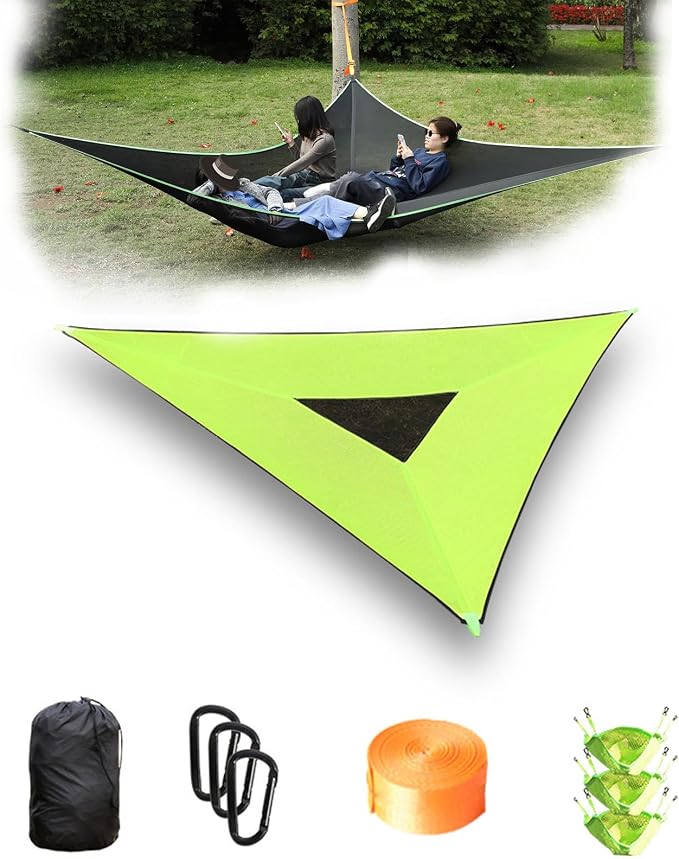 Multi-person triangular hammock, aerial camping hammock, suspended type, suitable for outdoor adventures, hiking, backyards, and gardens, includes straps, buckles, and storage bag (Green, 110in*110in)
