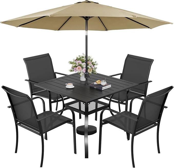 SUNCROWN 6 - Piece Outdoor Dining Set, Patio Furniture Set with 4 Textilene Dinning Chairs, 1 Steel Slat Metal Bistro Table and 1 Brown 9Ft Patio Umbrella for Lawn Garden Backyard Deck, Black