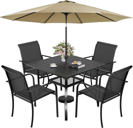 5-Piece Patio Dining Set with Umbrella,4 Person Outdoor Table and Chairs Set, 4 Metal Dining Chairs and Square Outdoor Table with 1.57" Umbrella Hole,Black