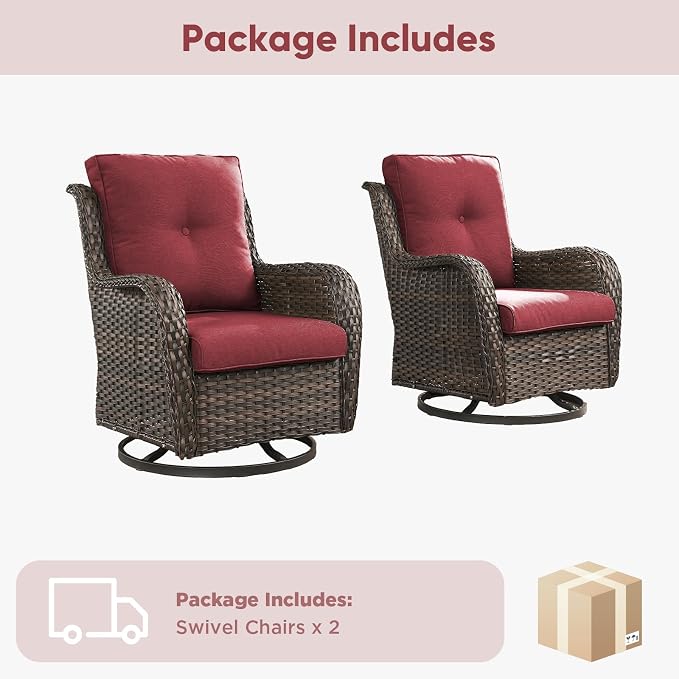 Belord Outdoor Swivel Chairs Set of 2,Patio Wicker Rocker Chairs,All Weather Patio Conversation Furniture Set, Ideal for Porch Balcony Deck Yard, Brown Wicker/Red