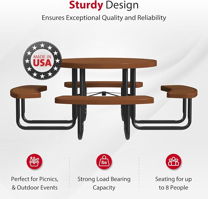 Leisure Craft Metal Picnic Table with Bench - 46" Round Outdoor Dining Table for 8 with Umbrella Hole, Weatherproof Heavy Duty Thermoplastic Coating, Commercial Grade Furniture Made in USA - Brown