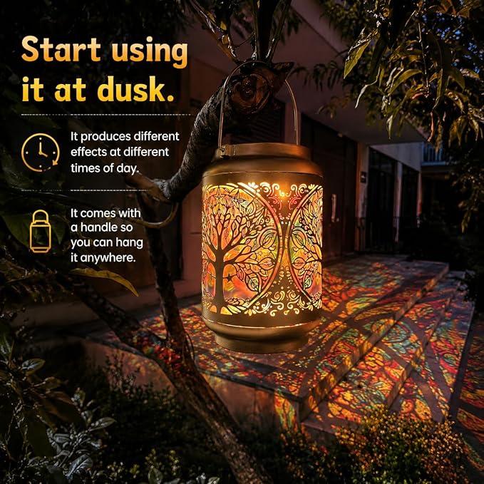Tree of Life Solar Lantern Outdoor, Decorative Metal Solar Hanging Light with Colorful Light Pattern, Waterproof Garden Lantern for Patio, Yard, Porch, Balcony, Gifts for Women Mom Grandma
