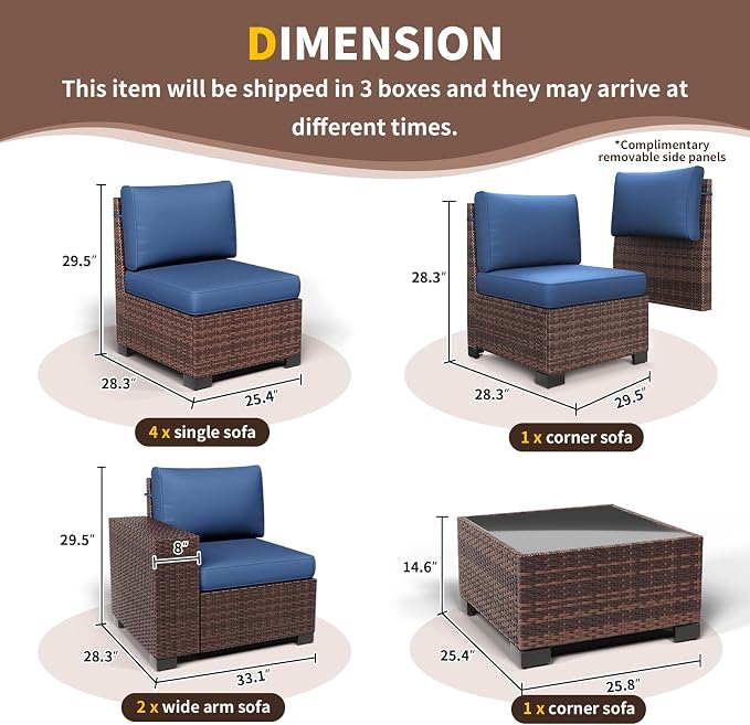 Outdoor Patio Furniture Set, Wide Outdoor Sectional Rattan Sofa Set, Wicker Patio Conversation Set w/Cover for Deck, Poolside, Porch, 8 PC (Brown & Navy)