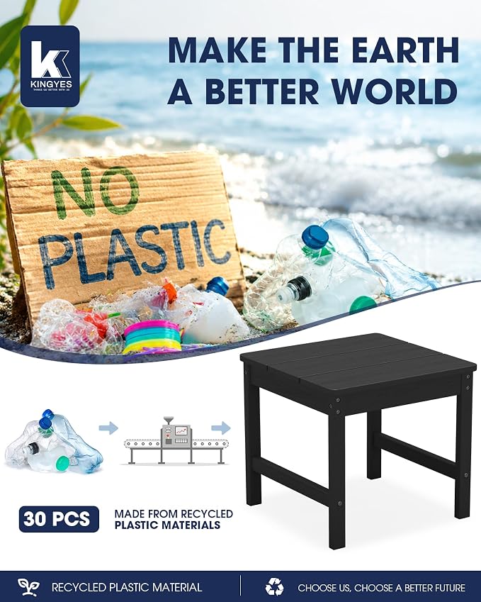 KINGYES Double Side Table with 1.6'' Umbrella Hole, HDPE Adirondack End Table- Black