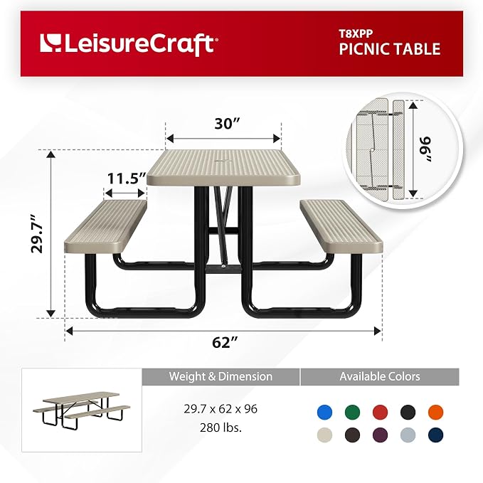 Leisure Craft Metal Picnic Table with Bench - 8 ft Rectangle Outdoor Dining Table for 8, Umbrella Hole, Weatherproof Heavy Duty Thermoplastic Coating, Commercial Grade Furniture Made in USA - Beige