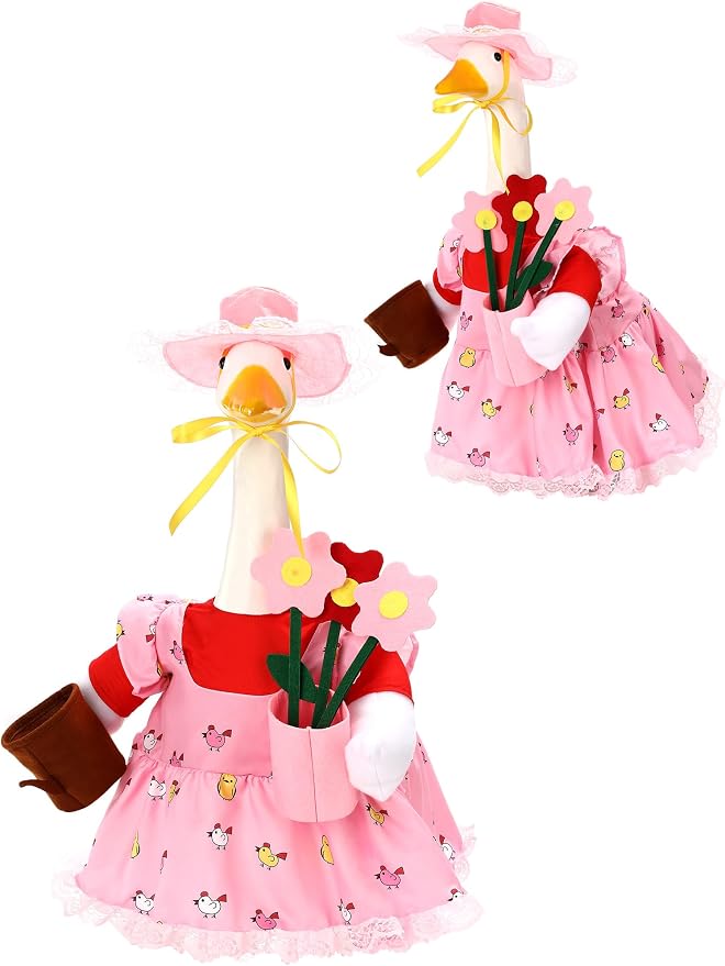 Outus Gardener Goose Outfits Set Includes Lace Pink Apron Sun Hat Small Flower Pot and a Tiny Watering Can Funny Goose Porch Clothing for Spring Outdoor Garden Yard Patio Lawn Statue