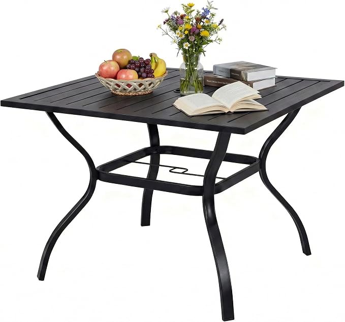Majnesvon 37" Outdoor Dining Table, Square Patio Table with Umbrella Hole, Metal Steel Slat Outdoor Table, All-Weather Steel Patio Dining Table, for Lawn, Garden, Backyard, Bistro, Black