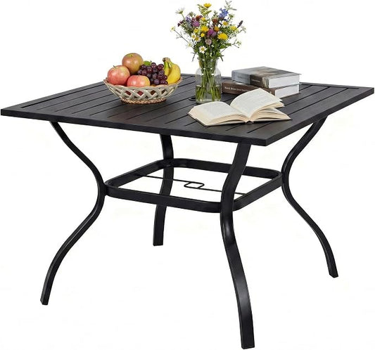 Majnesvon 37" Outdoor Dining Table, Square Patio Table with Umbrella Hole, Metal Steel Slat Outdoor Table, All-Weather Steel Patio Dining Table, for Lawn, Garden, Backyard, Bistro, Black