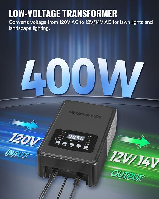 400W Low Voltage Landscape Transformer, Weatherproof Outdoor Low Voltage Transformer, 120V AC to 12/14V AC Landscape Lighting Transformer with Timer and Photocell Sensor, ETL Listed D13LT06N1