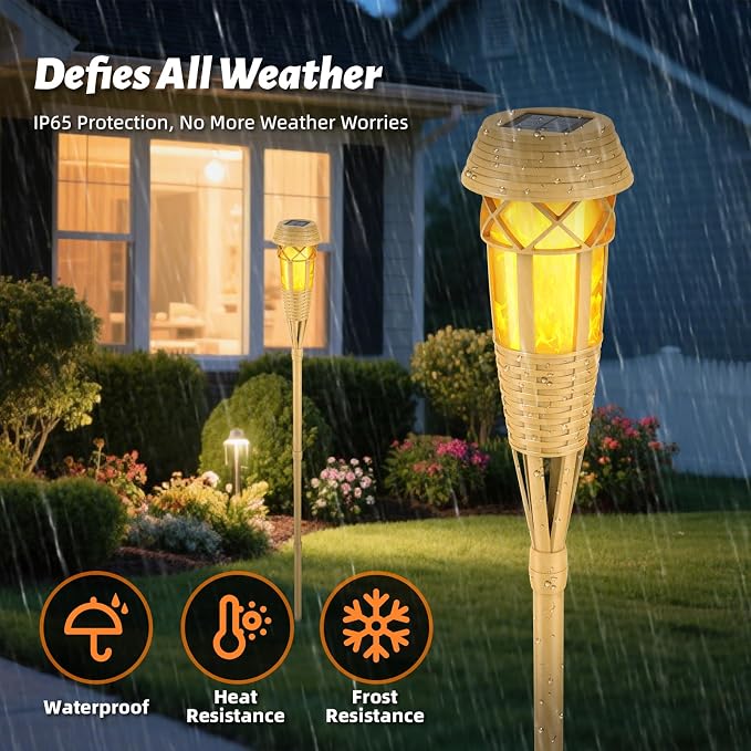Solar Outdoor Lights – Torches with Flickering Flame for Garden Decor, Waterproof Garden, Outdoor Patio & Pathway Yard Decorations with Flame Torches - 4 Pack