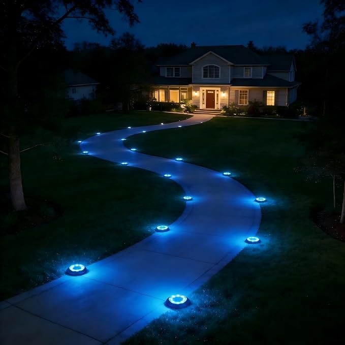 Flacchi Solar Lights Outdoor Waterproof - 2-in-1 Solar Powered Ground Lights Outdoor Solar Disk Light Landscape Light for Deck Step Patio Yard Pathway Walkway Driveway Garden (Blue, 2 Pack)