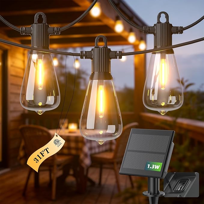 31FT Solar String Lights Outdoor Waterproof IP65 with USB-Charging , Solar Powered LED Patio Lights with 15+1 Shatterproof ST38 Edison Bulbs, Hanging Lights for Outside Backyard Garden Bistro Gazebo