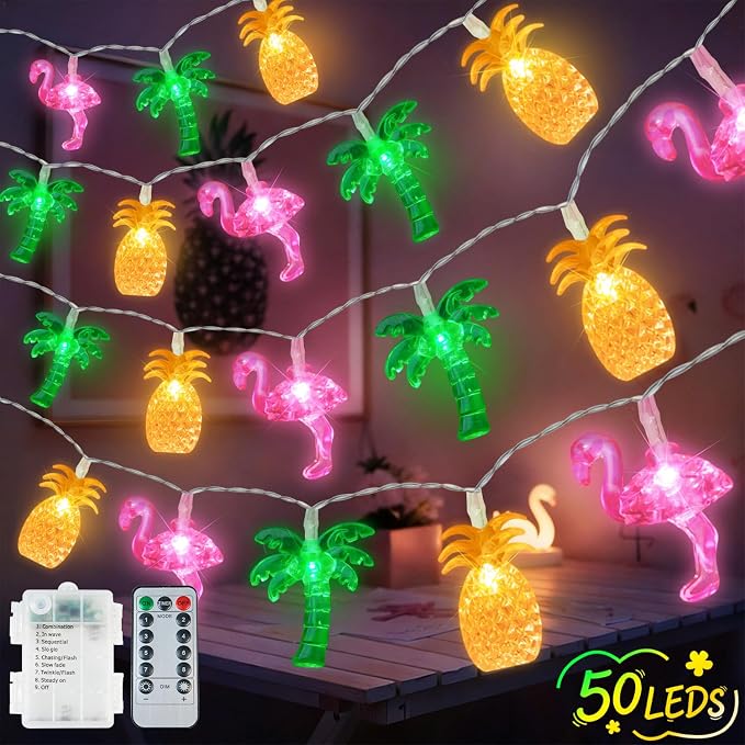 50 LED 25ft Summer Hawaiian Beach Battery String Lights Outdoor with Remote | Flamingo Pineapple Palm Tree Fairy Twinkle Lights Battery Operated with 8 Modes & Timer for Tropical Beach Party Pool Decor