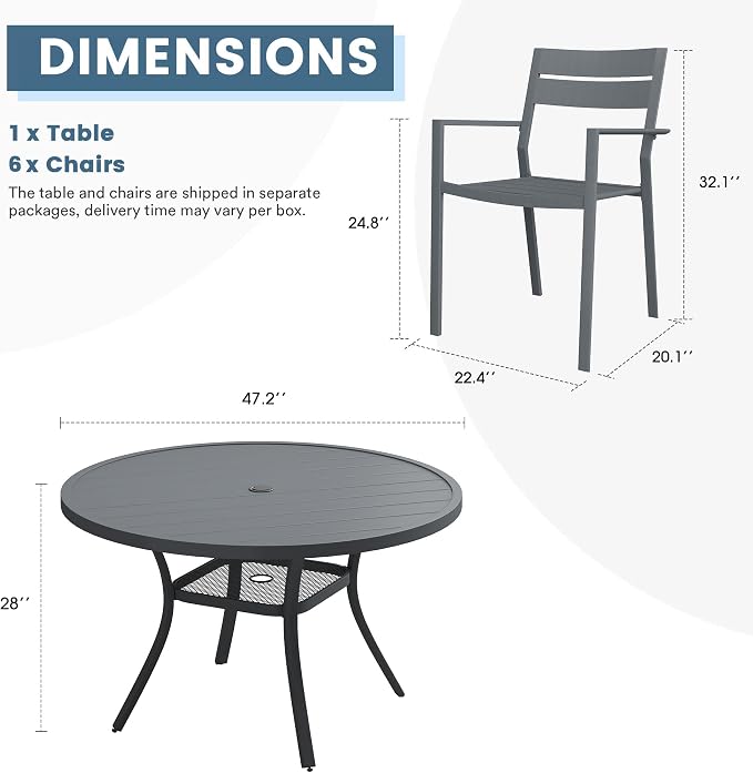 DIFY 7 Piece Outdoor Patio Dining Set for 6, Patio Table and Chairs Set with Umbrella Hole, 47.2" Round Dining Table and Stackable Metal Chairs for Backyard Garden Poolside, Grey