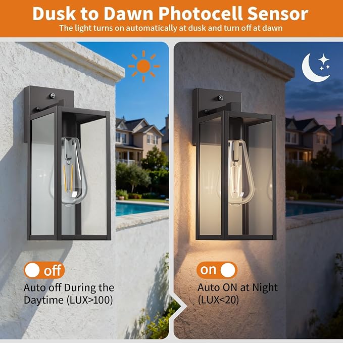 13'' Dusk to Dawn Outdoor Porch Lighting Fixtures Wall Mount, Sensor Exterior Wall Light for House, Ouside Lantern Lamp, Waterproof Wall Sconce Lights, Black Metal Coach Light for Garage Entryway