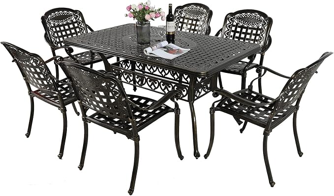 VIVIJASON 7-Piece Patio Furniture Dining Set, All-Weather Cast Aluminum Outdoor Conversation Set, Include 6 Chairs and a Rectangle Table with Umbrella Hole for Balcony Lawn Garden Backyard