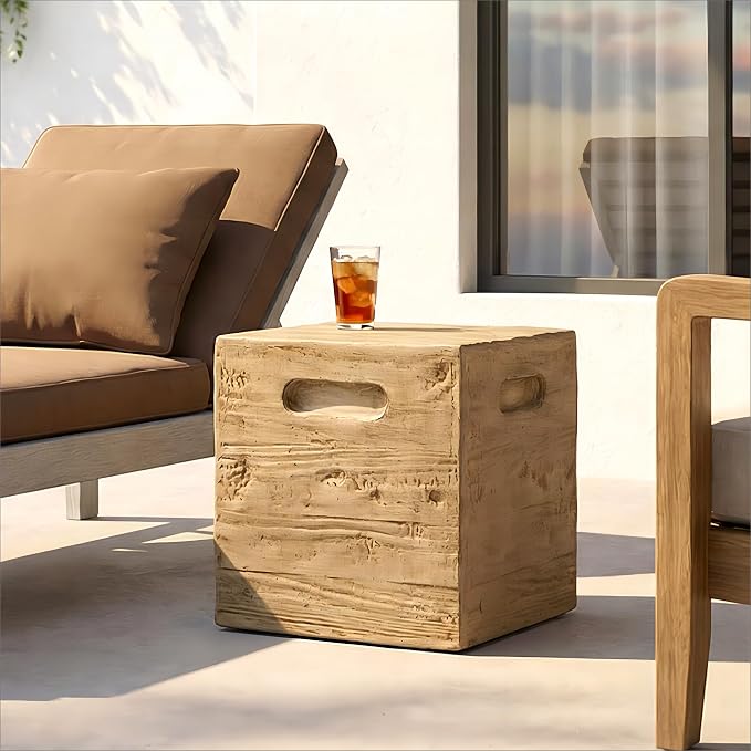HOMPUS Outdoor Side Table w Groove Handle, Patio MgO Concrete Natural End Table, Square Accent Small Coffee Table for Garden, Patio, Porch and Deck, Light Oak