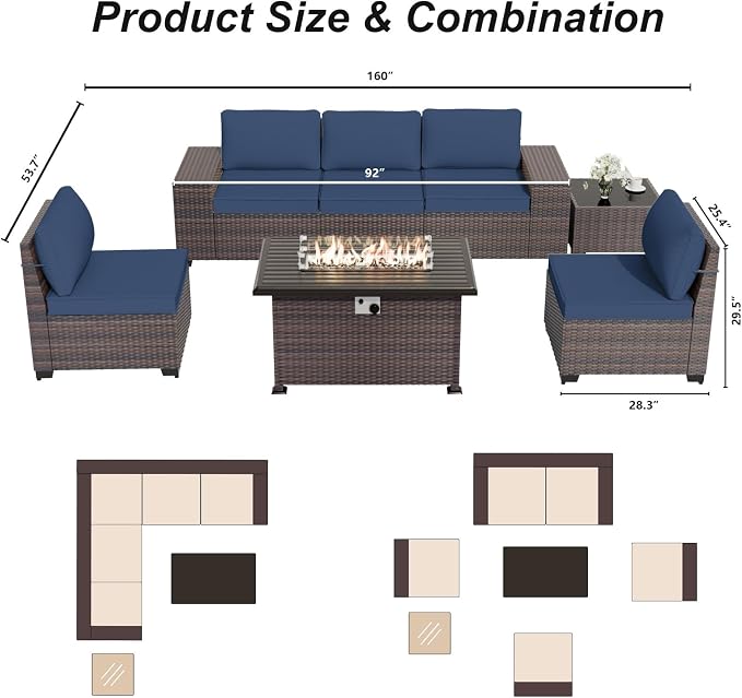 ALAULM 7 Pieces Patio Furniture Set with Fire Pit Table 55000BTU, Oversized Seat/Armrest and High Back Wicker Conversation Set with Thick Cushion for Backyard, Garden, Navy Blue