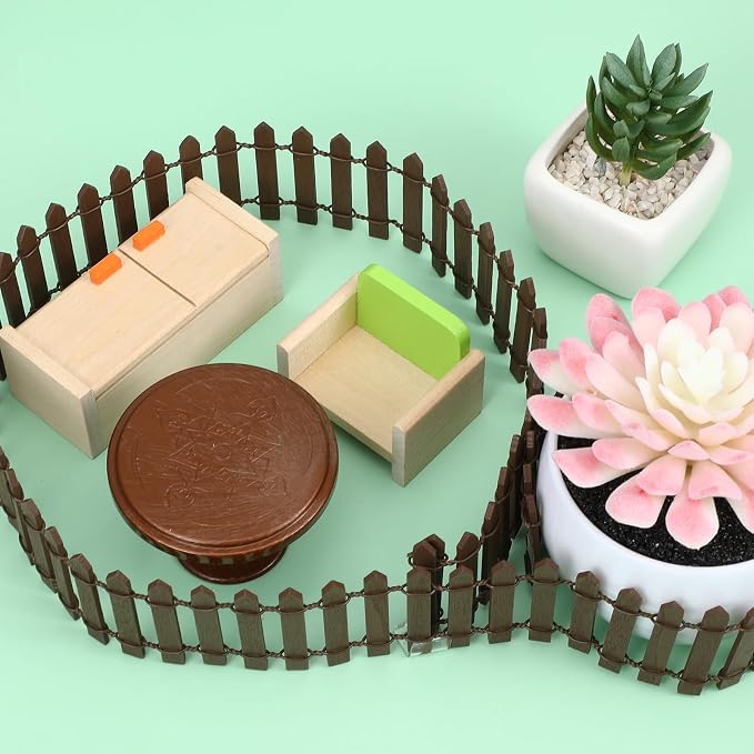 Bewudy 35 Inches Mini Fairy Garden Fence, Small Wood Decorative Picket Fence, Brown Picket Fence Miniature Ornaments for Dollhouse Plant Pot Fairy Garden Accessories Outdoor