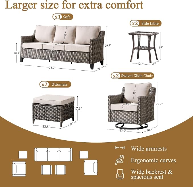Luxury Patio Furniture sofa Set - 7 Pieces All Weather Wicker Outdoor Couch and High Back Swivel Rocker Patio Chairs with Sofa & footstools for Deck Yard and Poolside Gray Wicker | Beige Cushions
