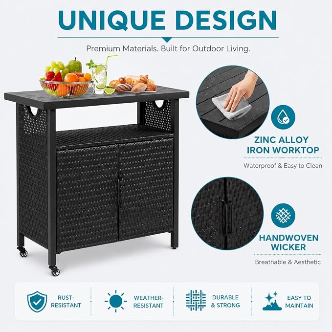 Outdoor Bar Table with Storage Cabinet, Patio Serving Cart with Wheels, Wicker Bar Cart and Grill Cart Prep Station, Rolling Kitchen Island for Patio, Backyard, Poolside, Outdoor Use, Black