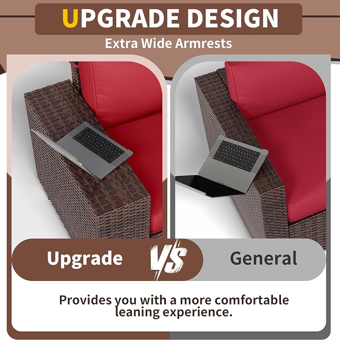Outdoor Patio Furniture Set, 8‘’ Wide armrest Outdoor Sectional Rattan Sofa Set, Wicker Patio Furniture Sets w/Coffee Table,Thick Cushions for and Cover for Porch,Deck,8 PCS (Brown&Wine)